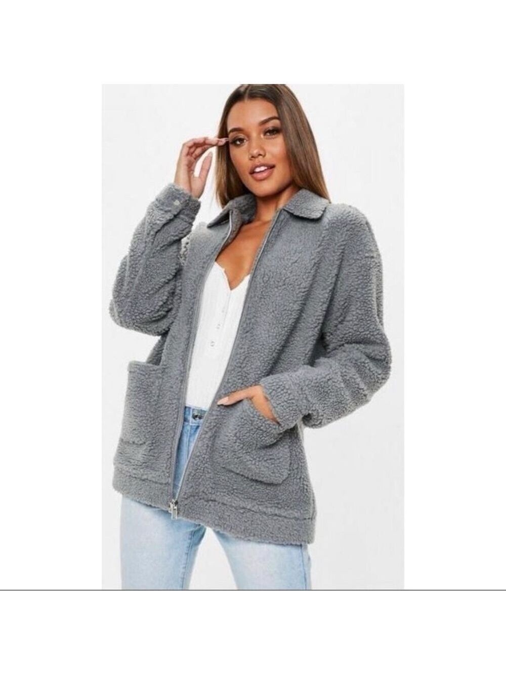 Missguided Teddy Sherpa Grey Oversized Borg Jacket
